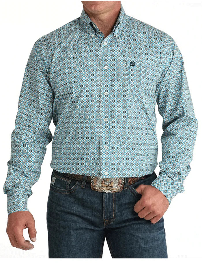Cinch Mens Classic Fit Button Down Medallion Print Western Shirt Blue