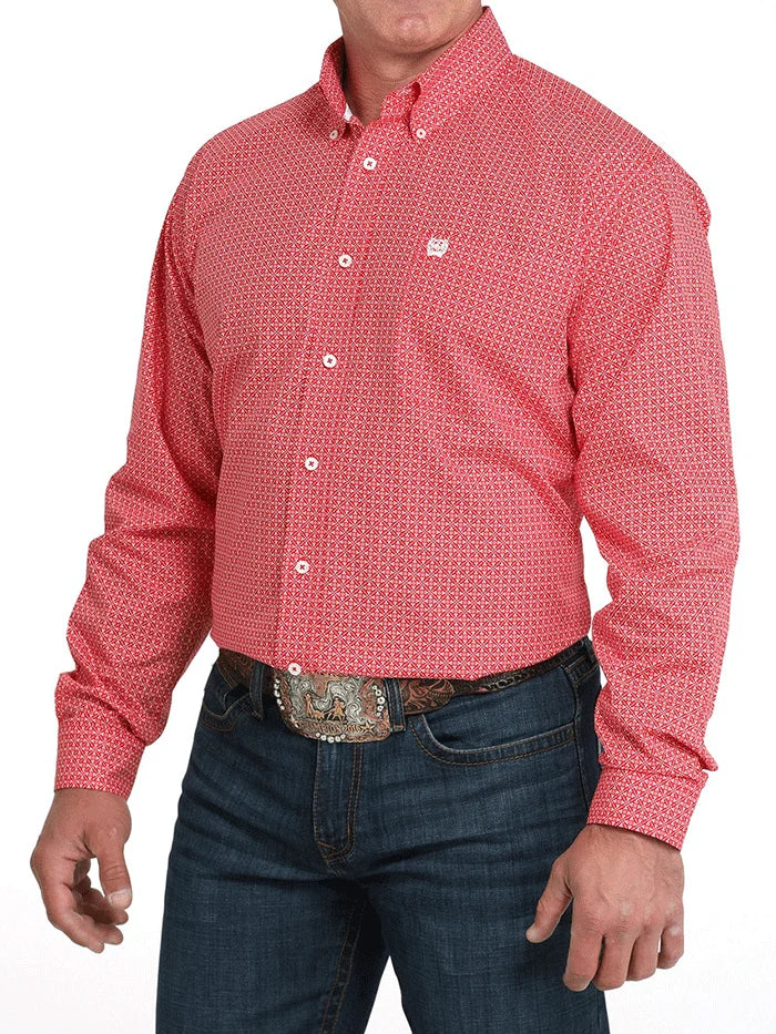 Cinch Mens Long Sleeve Geometric Print Shirt Red