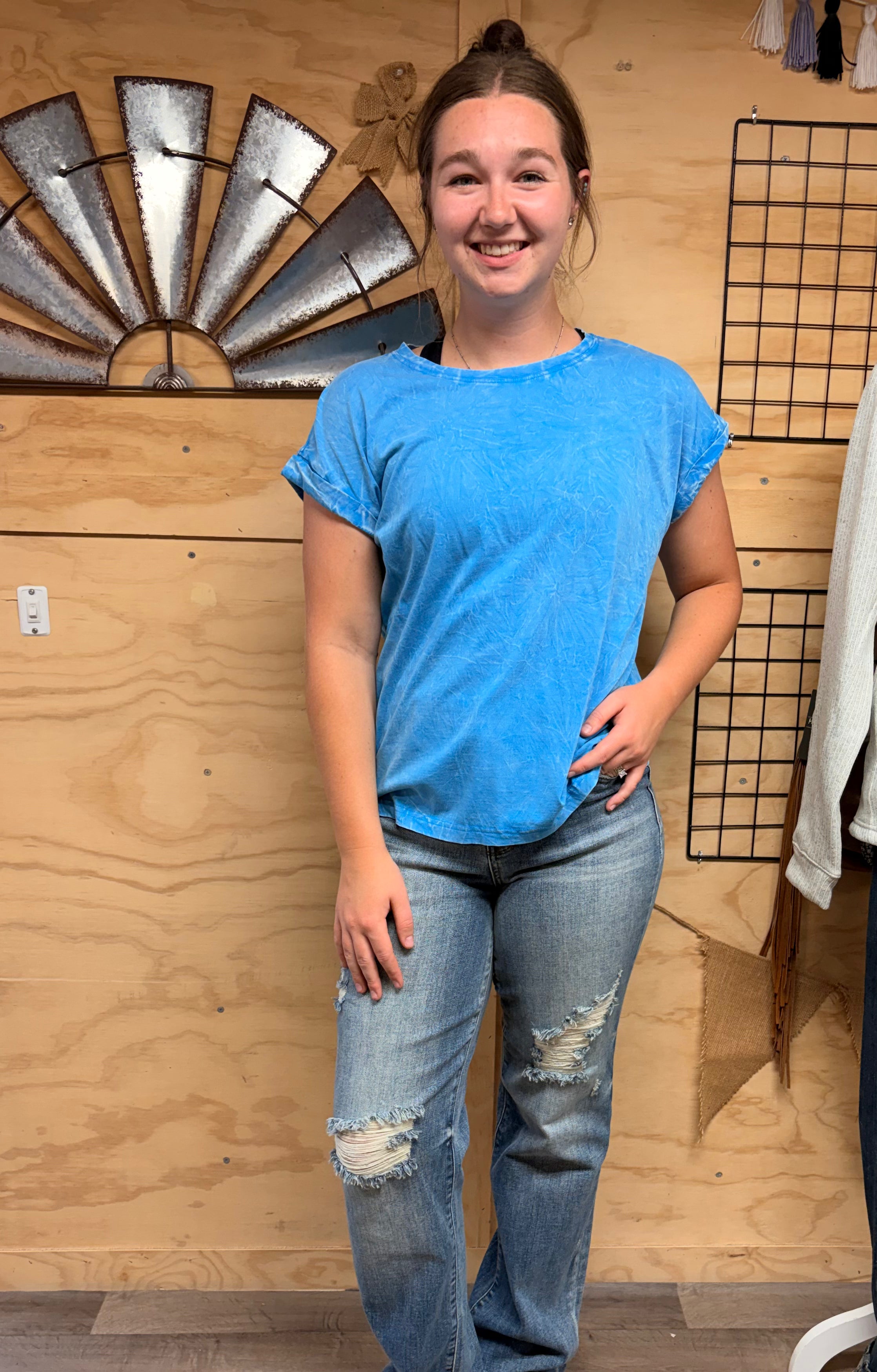 Blue Mineral Wash Roll-Cuff Tee