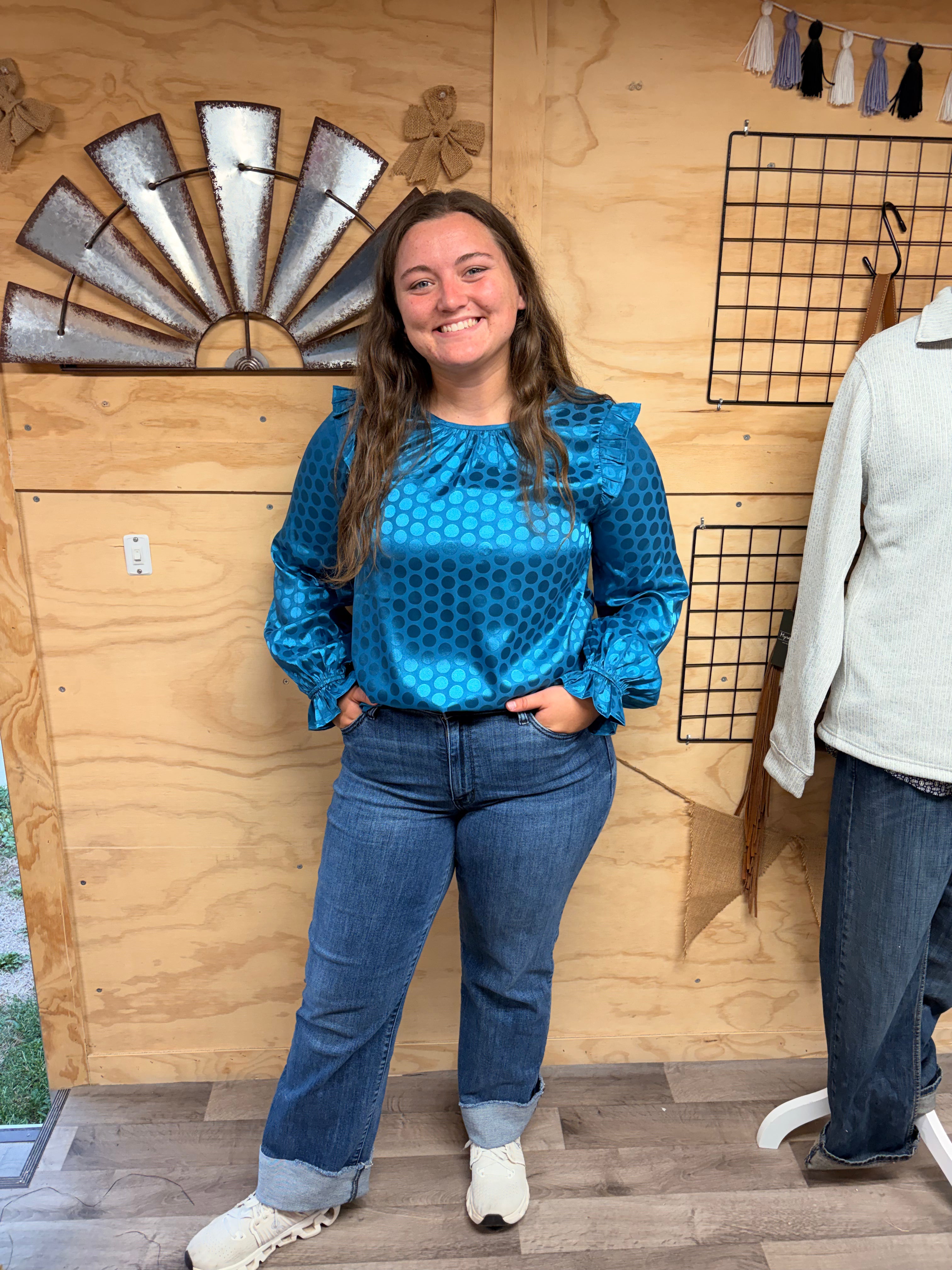 Teal Polka Dot Satin Ruffle Top