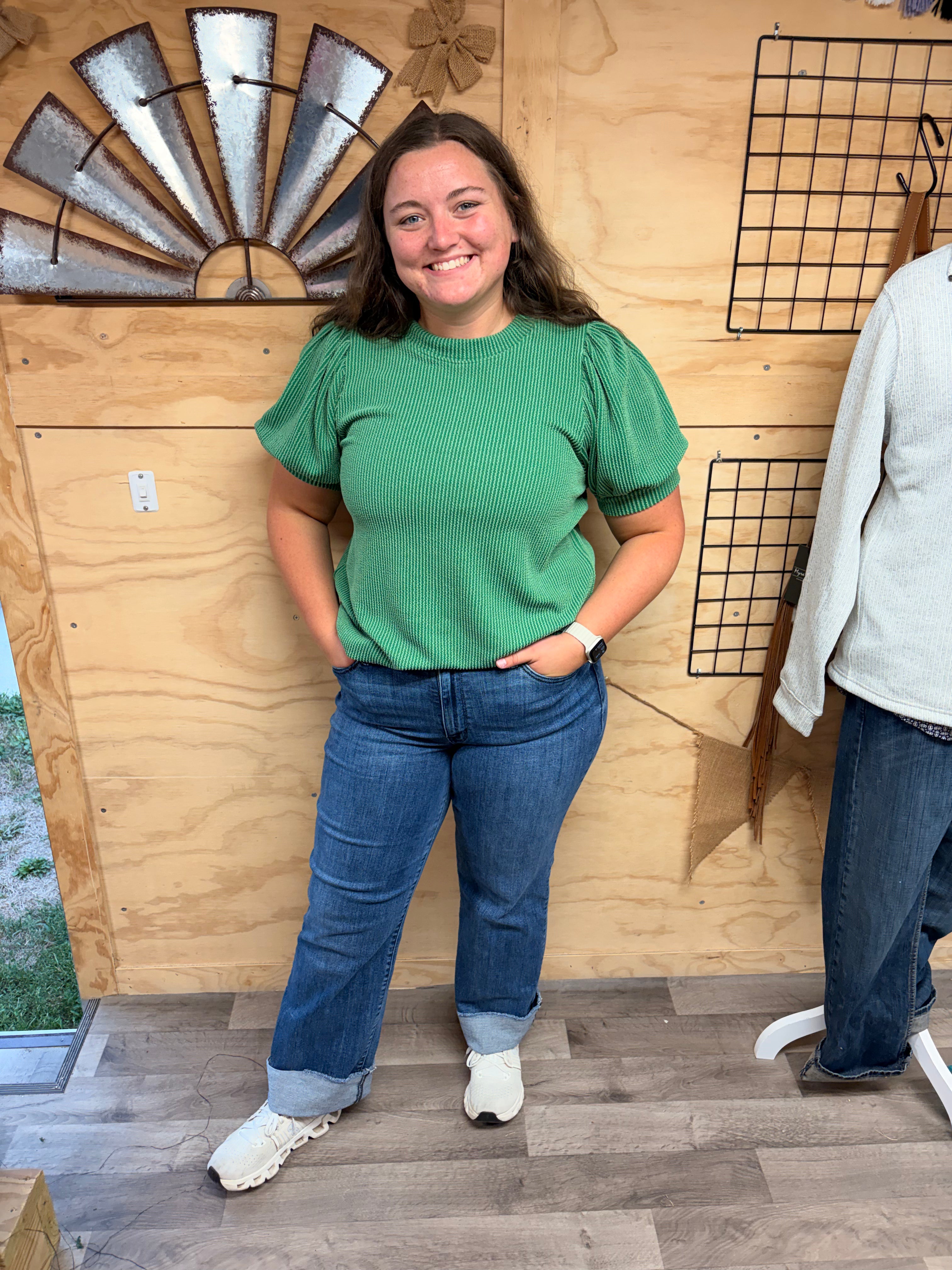 Sage Ribbed Puff Sleeve Top