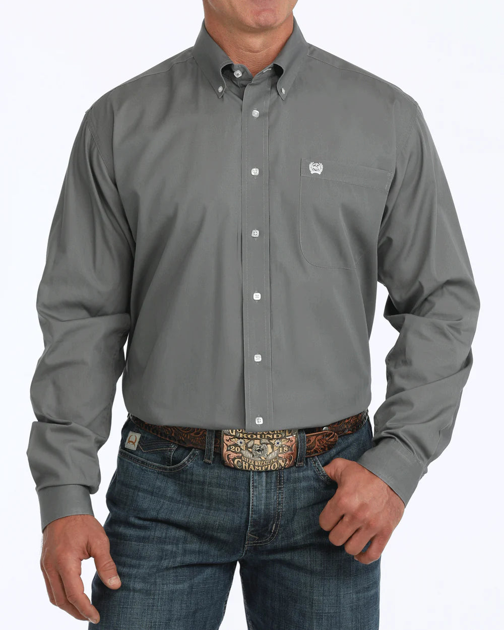Men's Solid Classic Fit Button-Down Western Shirt GRY