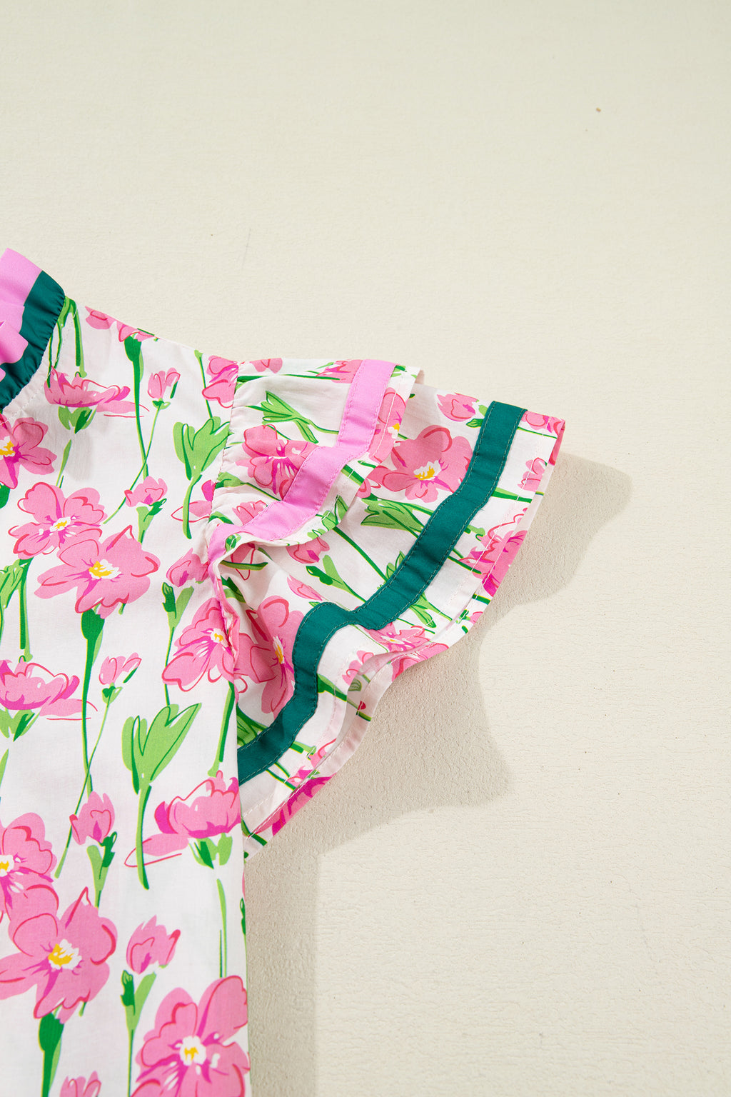 Pink Floral Print Contrast Trim V Neck Double Ruffled Short Sleeve Blouse