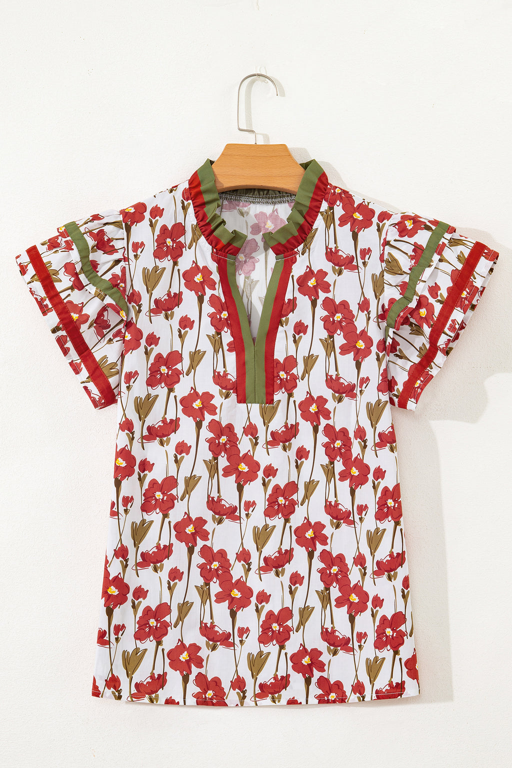 Pink Floral Print Contrast Trim V Neck Double Ruffled Short Sleeve Blouse