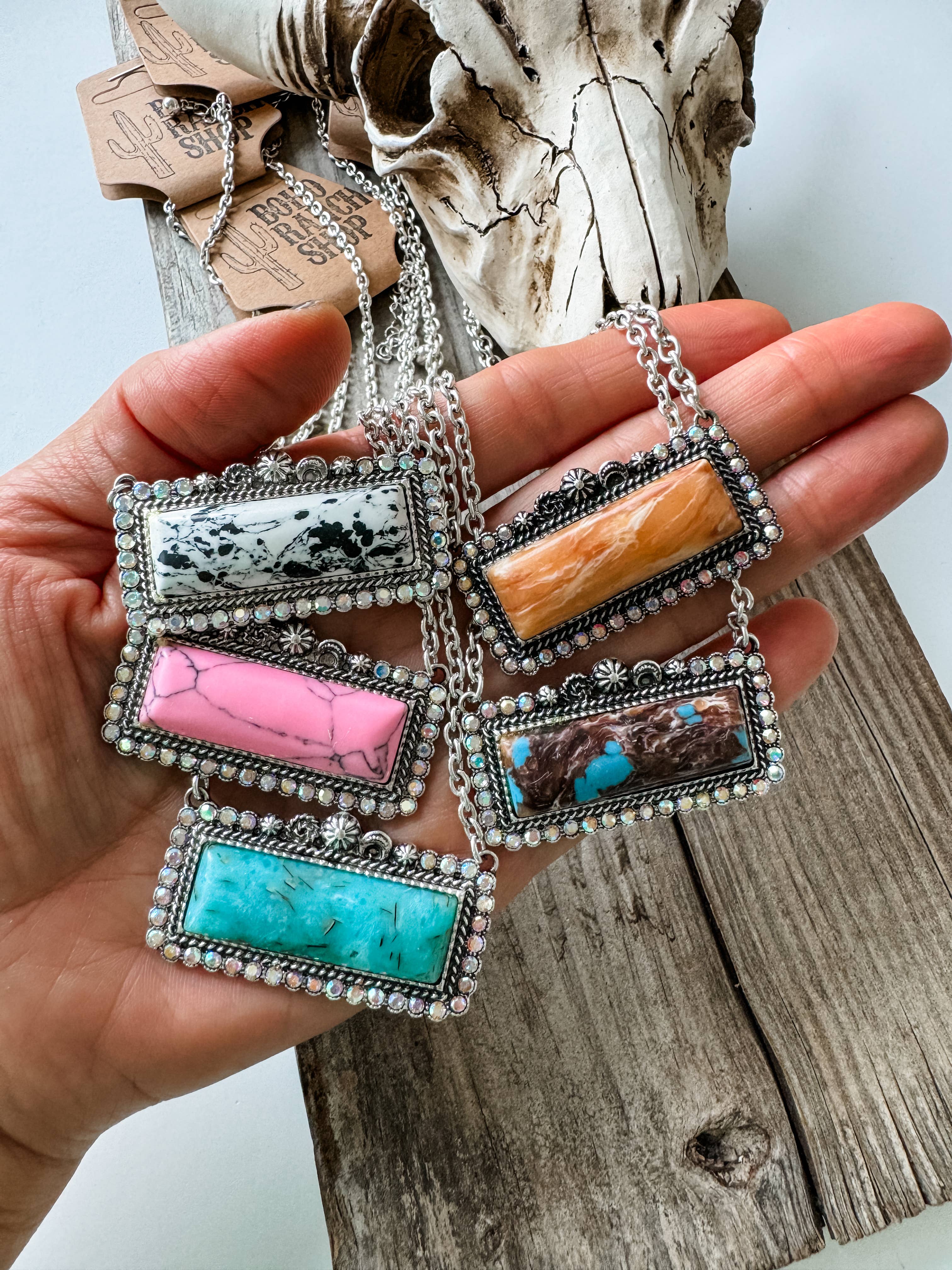 Western Semi Stone Bar Necklace - with Rhinestone edge: PINK