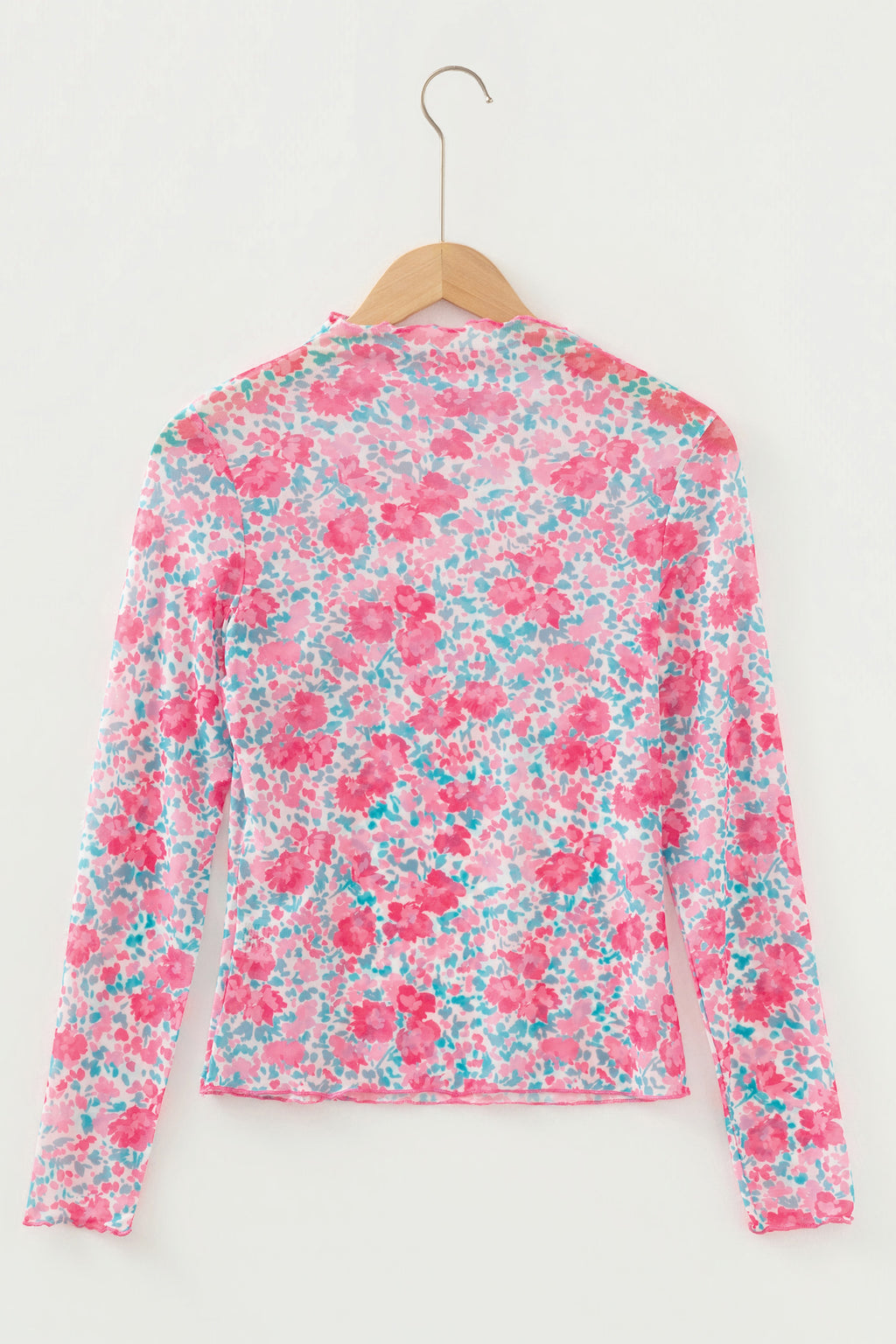 Rose Slim Fit Floral Mesh Long Sleeve Mock Neck Top