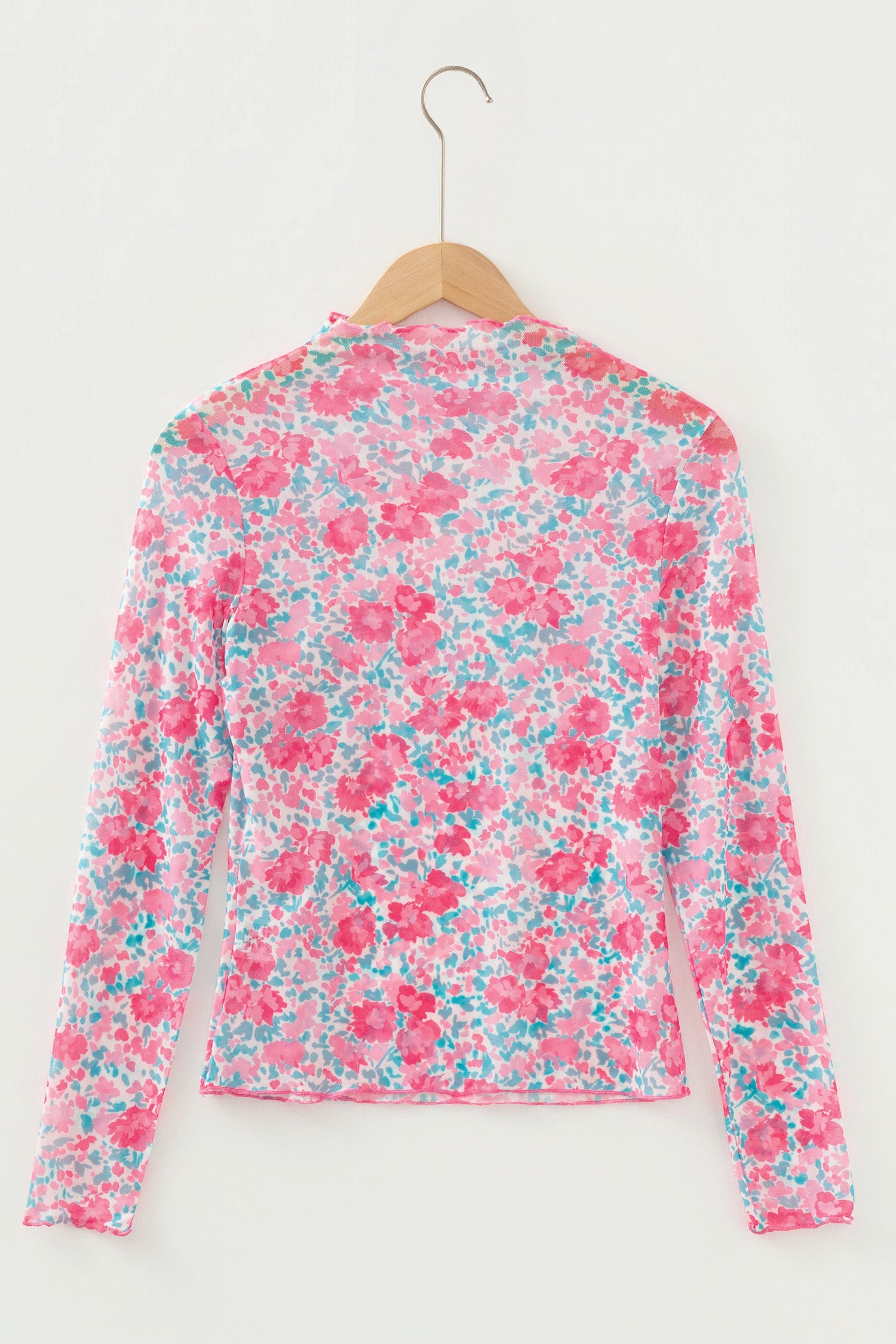 Rose Slim Fit Floral Mesh Long Sleeve Mock Neck Top