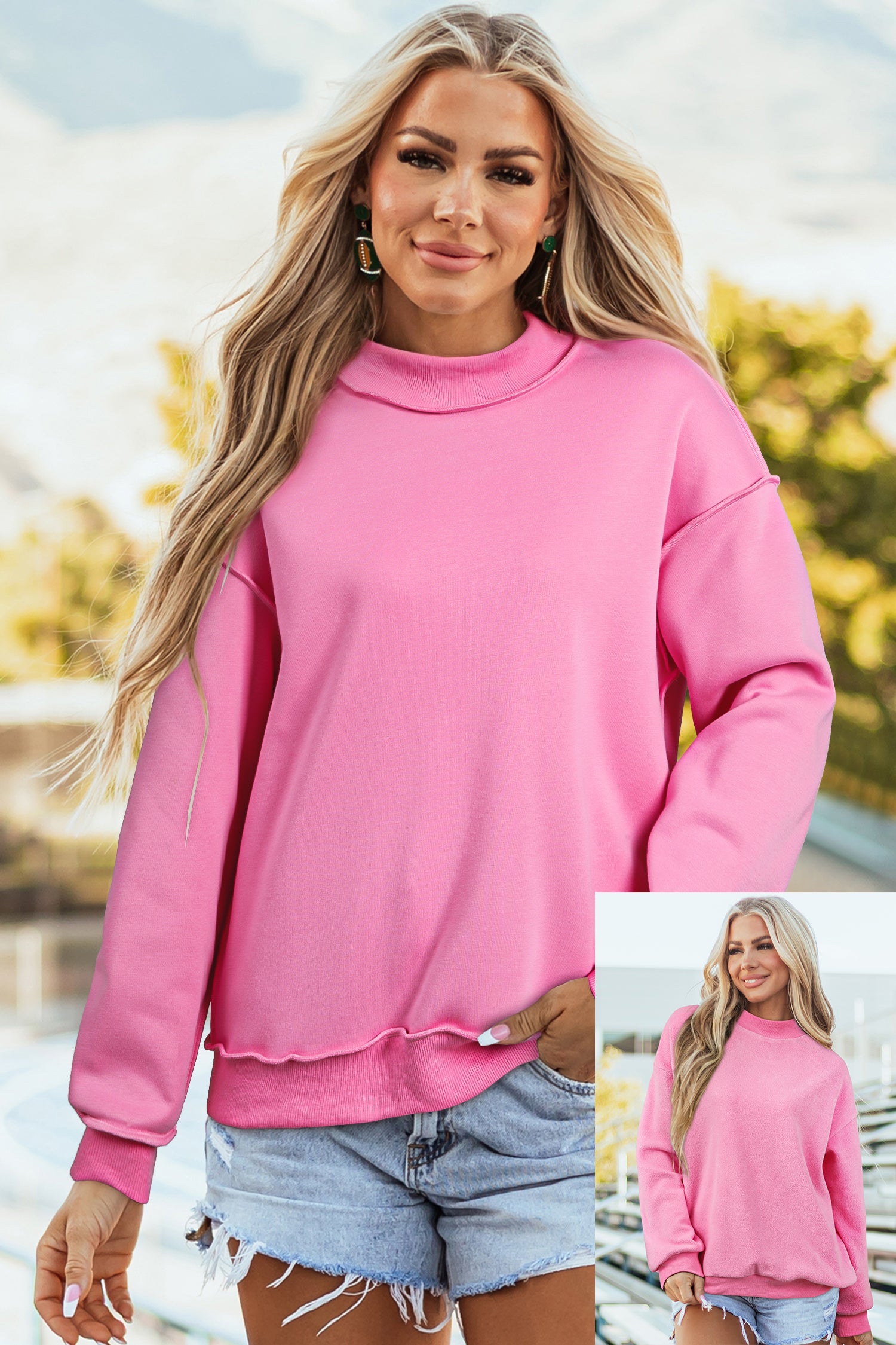 Apricot Oversize Drop Shoulder Reversible Mock Neck Sweatshirt