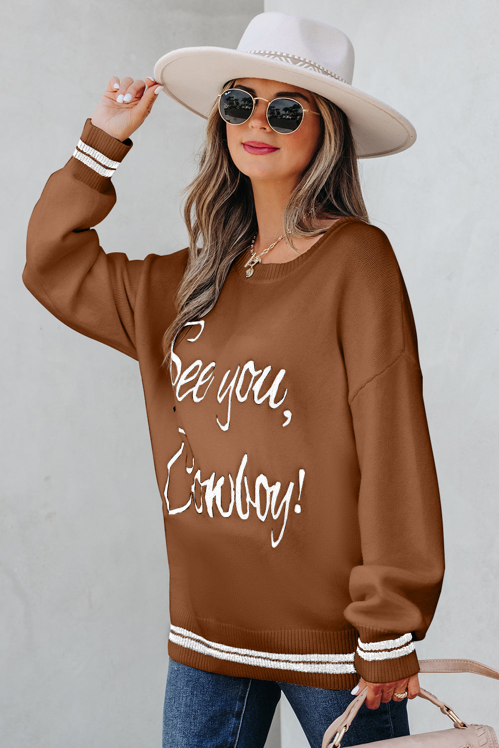 Light Grey See You Cowboy Embroidered Western Graphic Sweater