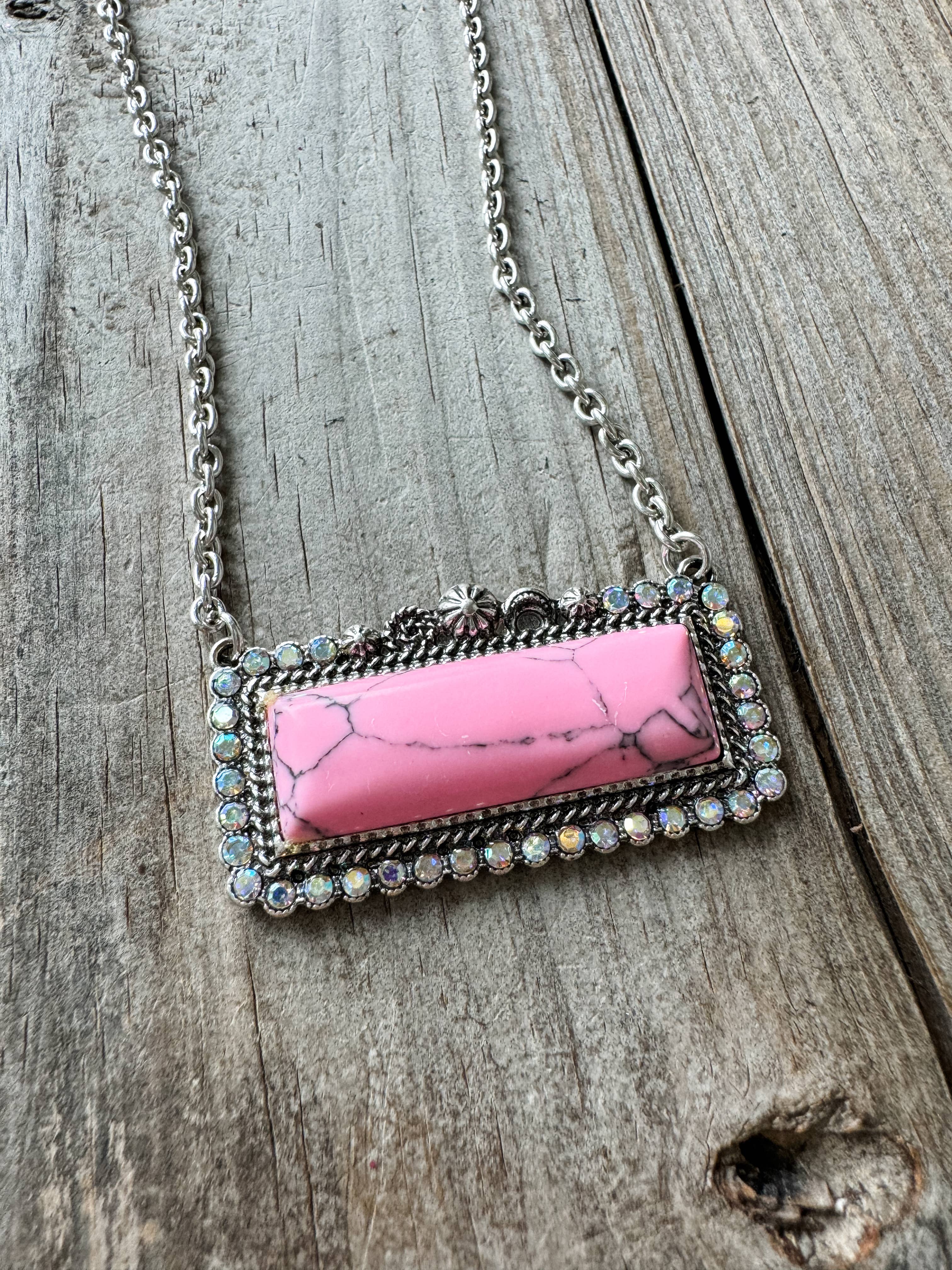 Western Semi Stone Bar Necklace - with Rhinestone edge: PINK