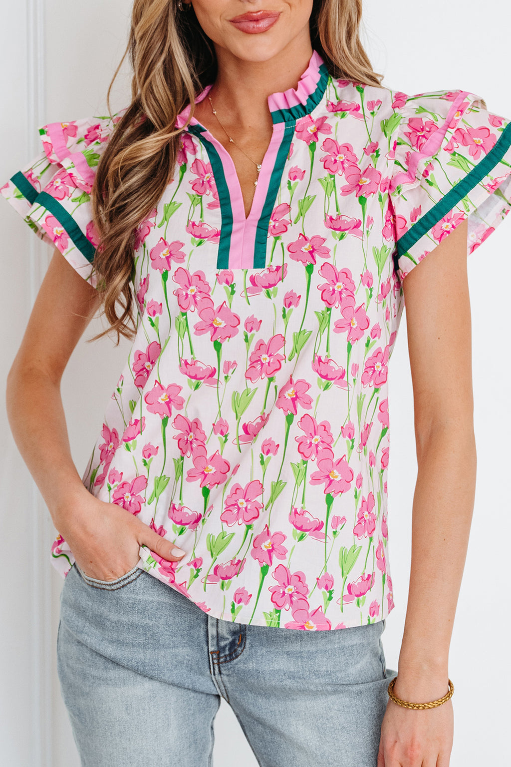 Pink Floral Print Contrast Trim V Neck Double Ruffled Short Sleeve Blouse