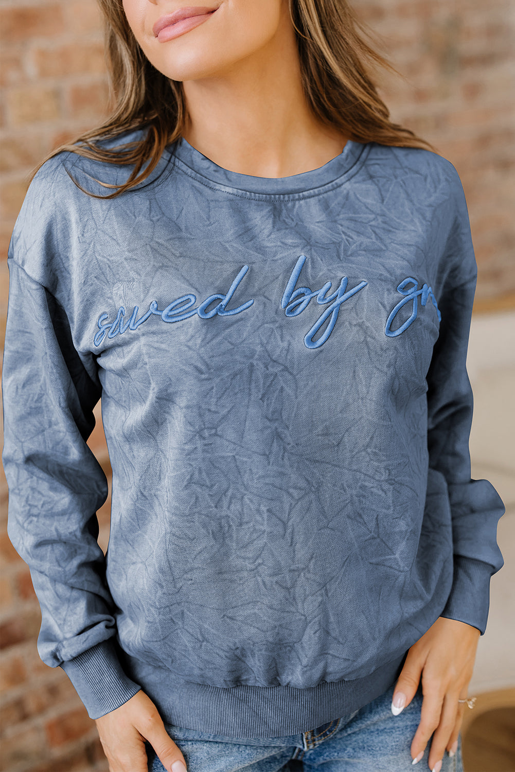 DUNE saved by grace Letter Embroidery Mineral Wash Loose Sweatshirt