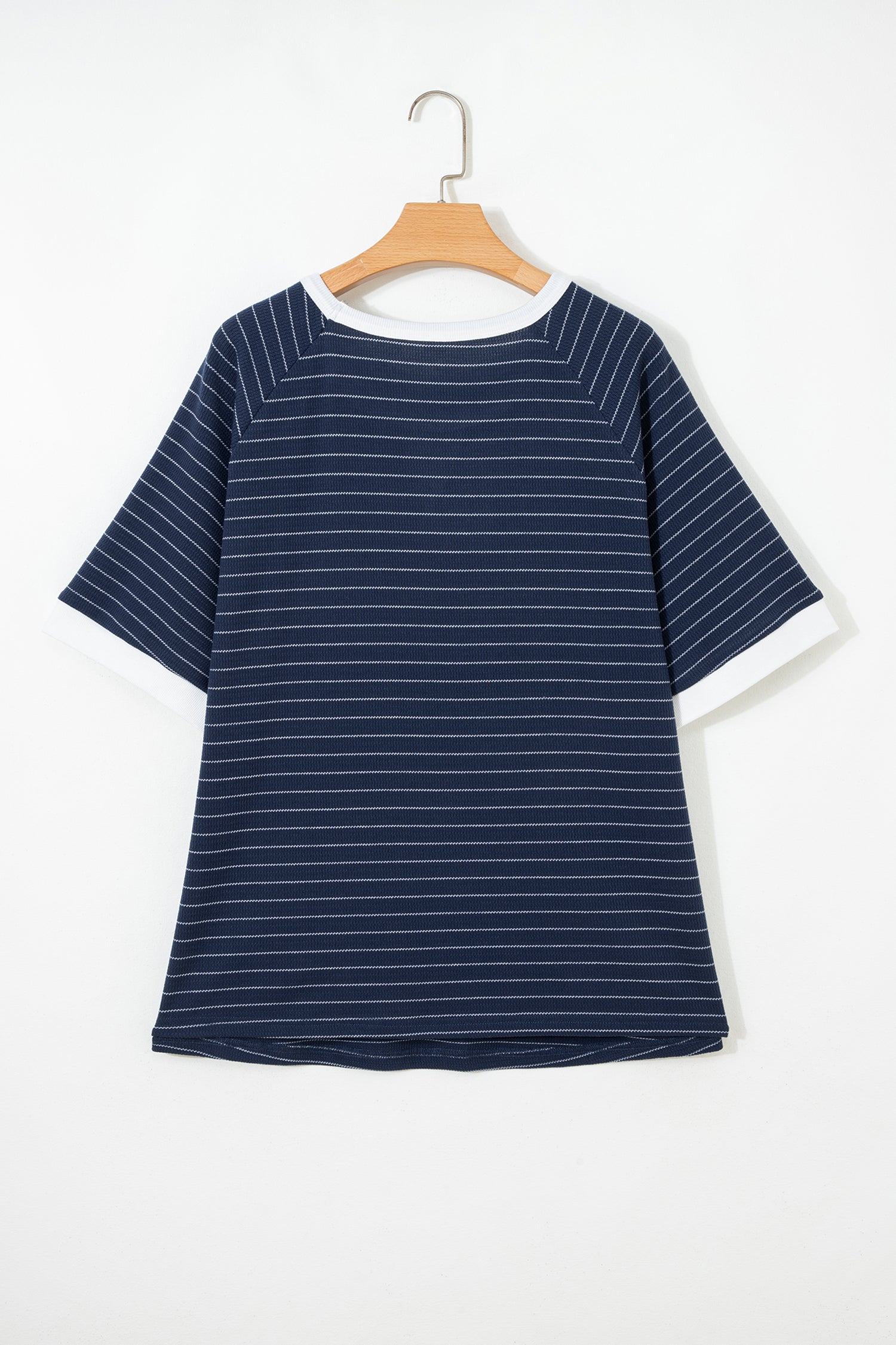 Blue Stripe Contrast Trim Plus Size Ribbed T Shirt