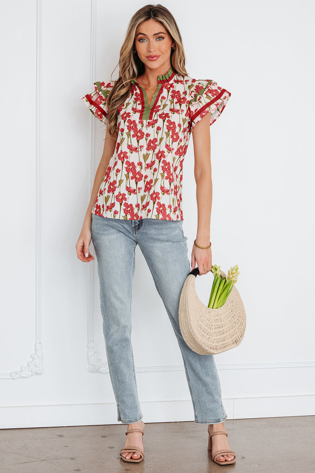 Pink Floral Print Contrast Trim V Neck Double Ruffled Short Sleeve Blouse