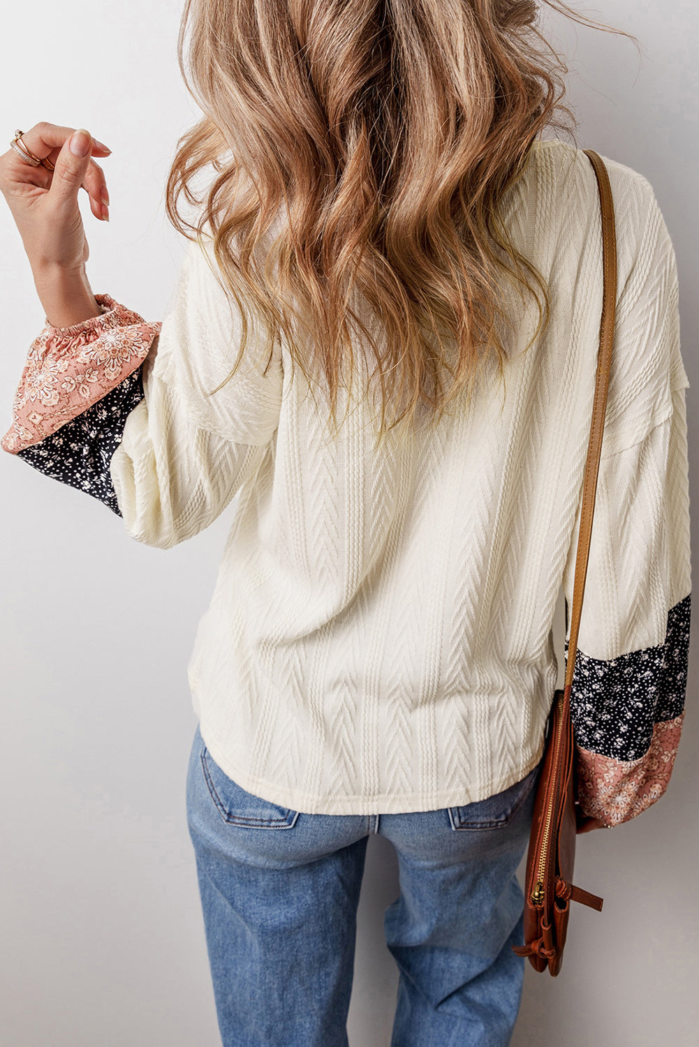 White Floral Patchwork Textured Knit Drawstring V Neck Blouse
