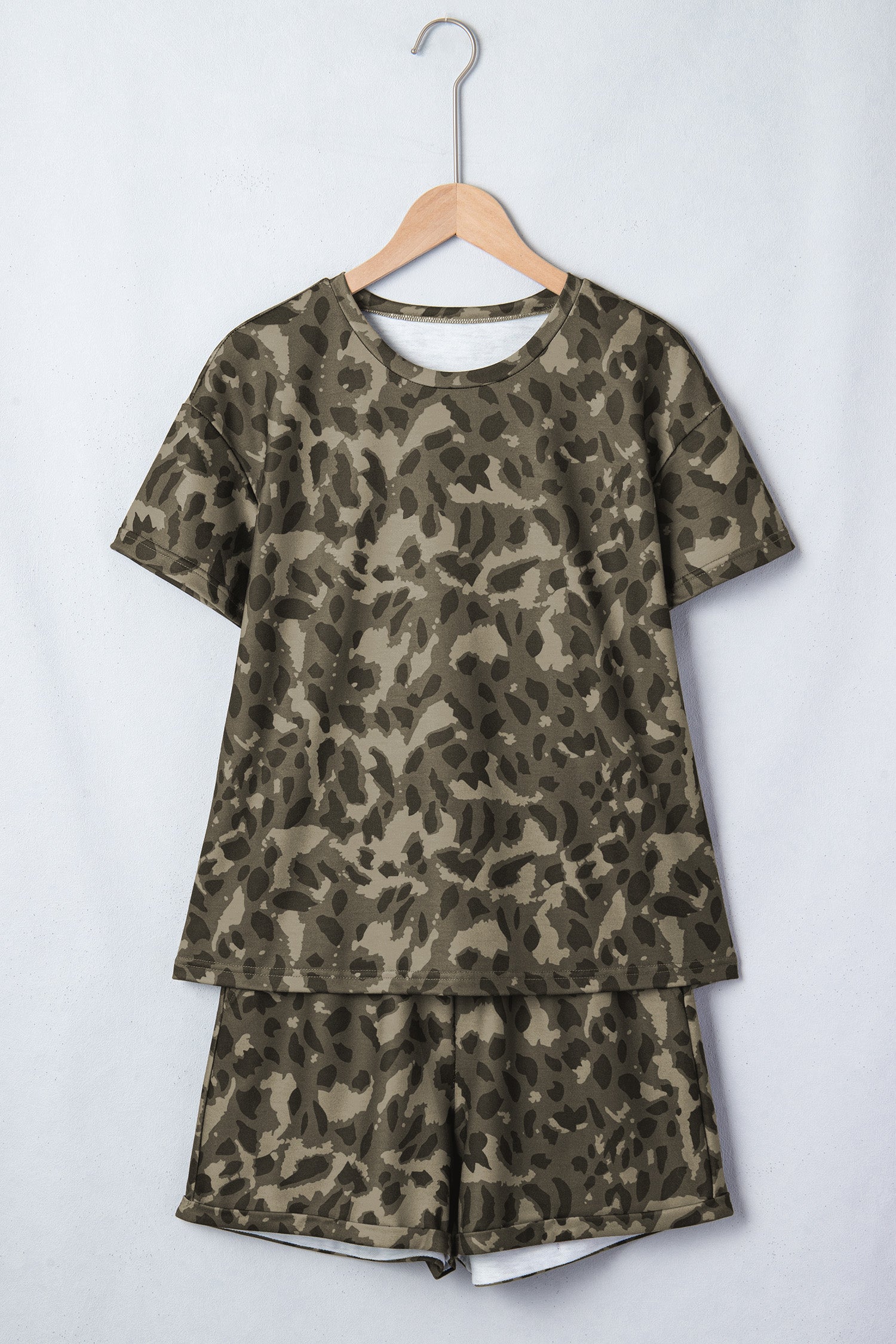 Brown Leopard Print Crew Neck Short Set