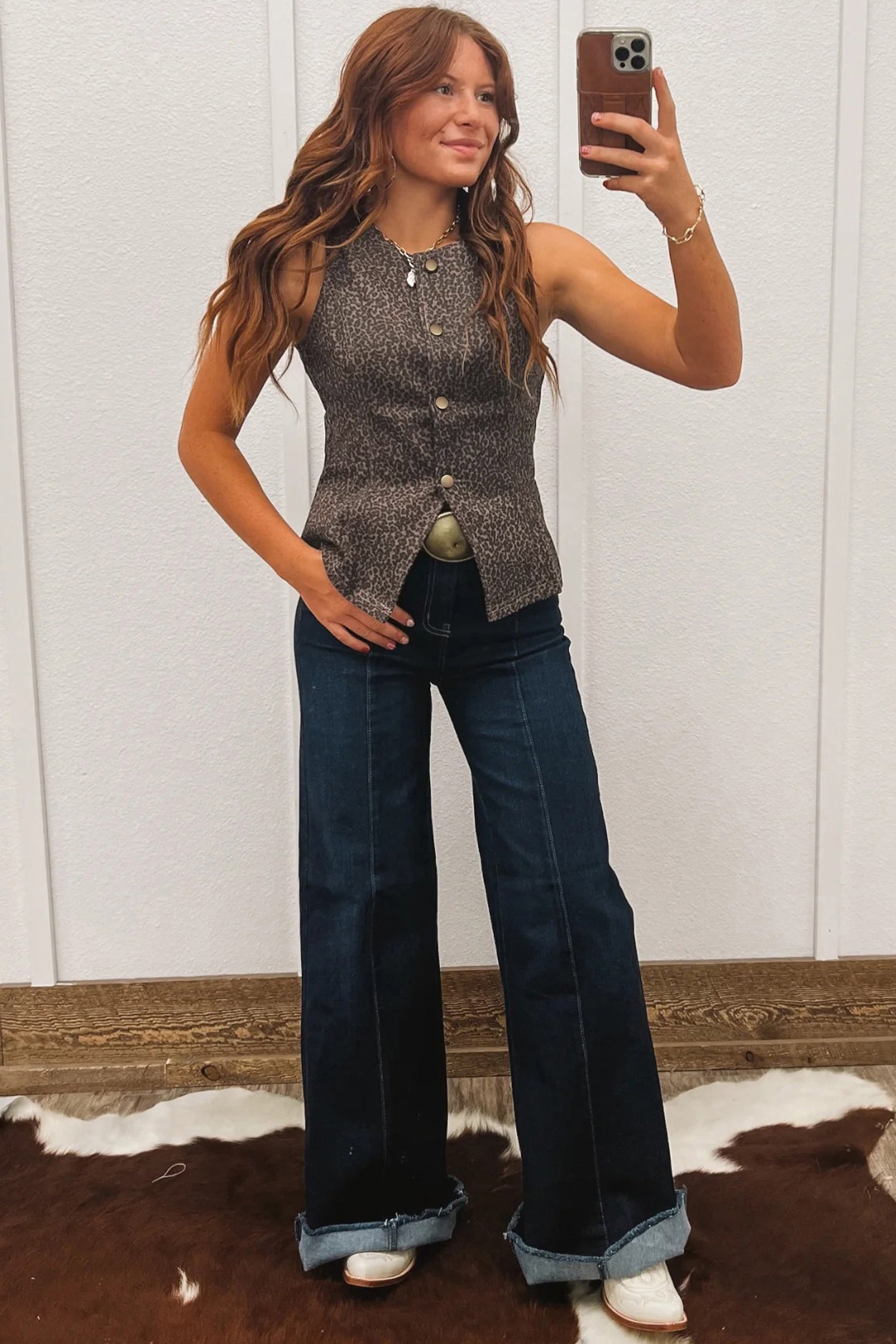 Brown Leopard Print Slim Denim Vest