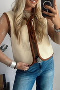 White Horizontal Ribbed Knit Contrast Trim Ties Front Sweater Vest