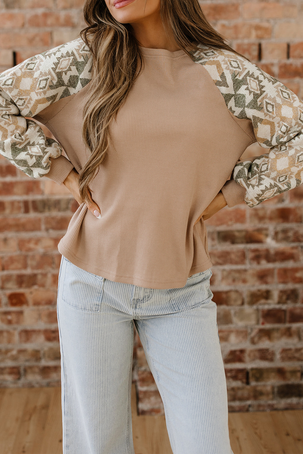 Smoke Gray Waffle Aztec Patchwork Raglan Sleeve Knit Top