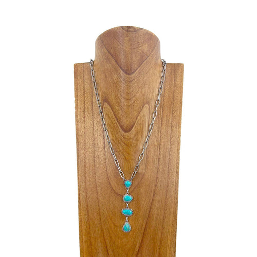 22 inches silver metal chain with four blue turquoise stone teardrops Necklace: GREEN