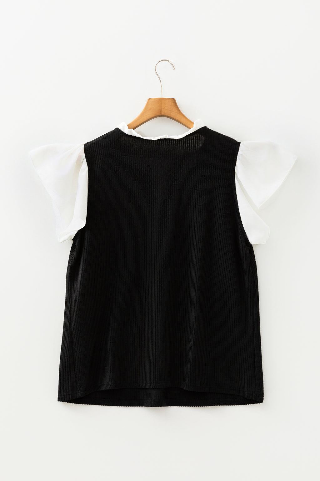Fushia Plus Size Contrast Frilled Neckline Ruffled Short Sleeve Ribbed Textured Blouse