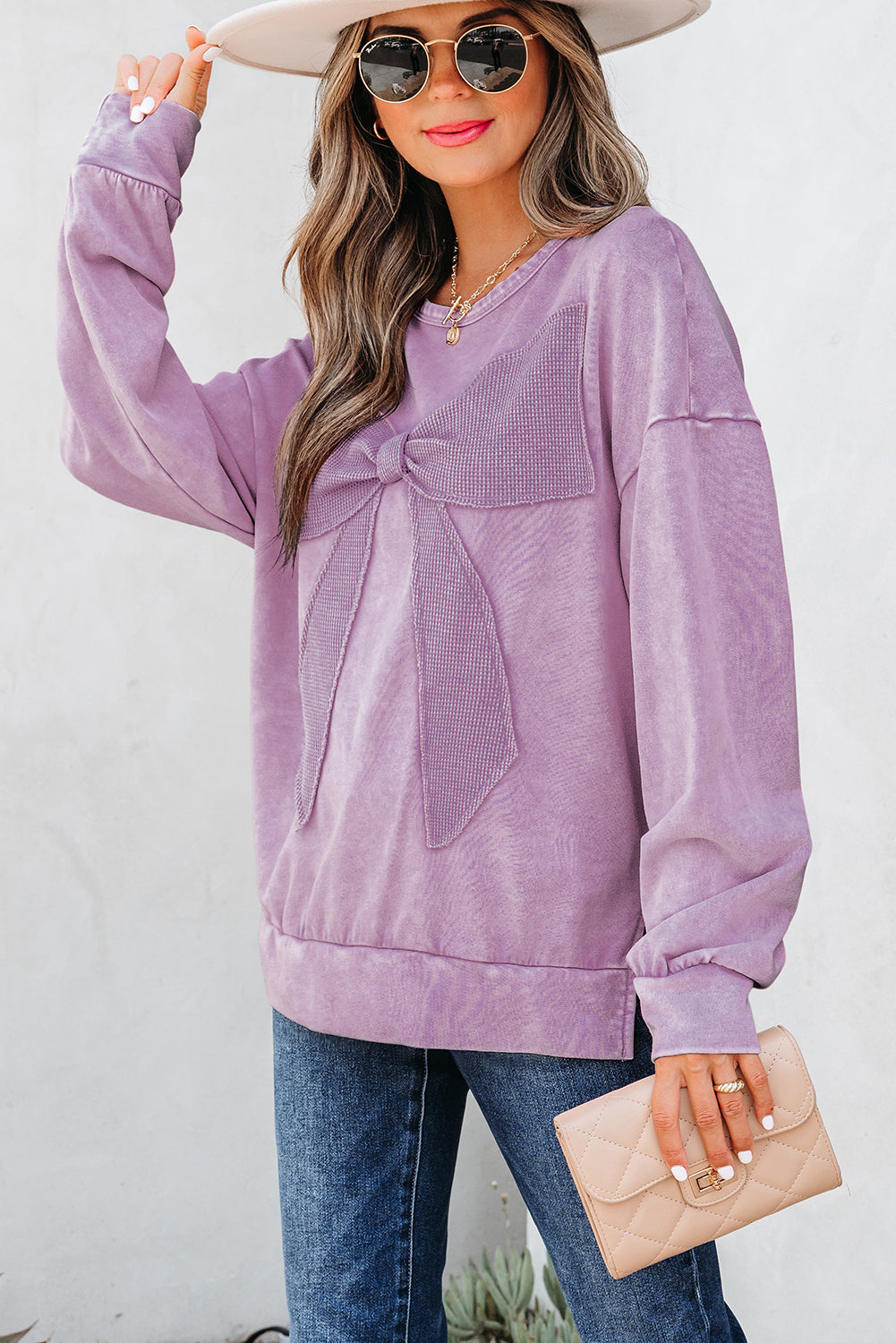 Light French Beige Mineral Wash Big Bow Patchwork Pullover Sweatshirt