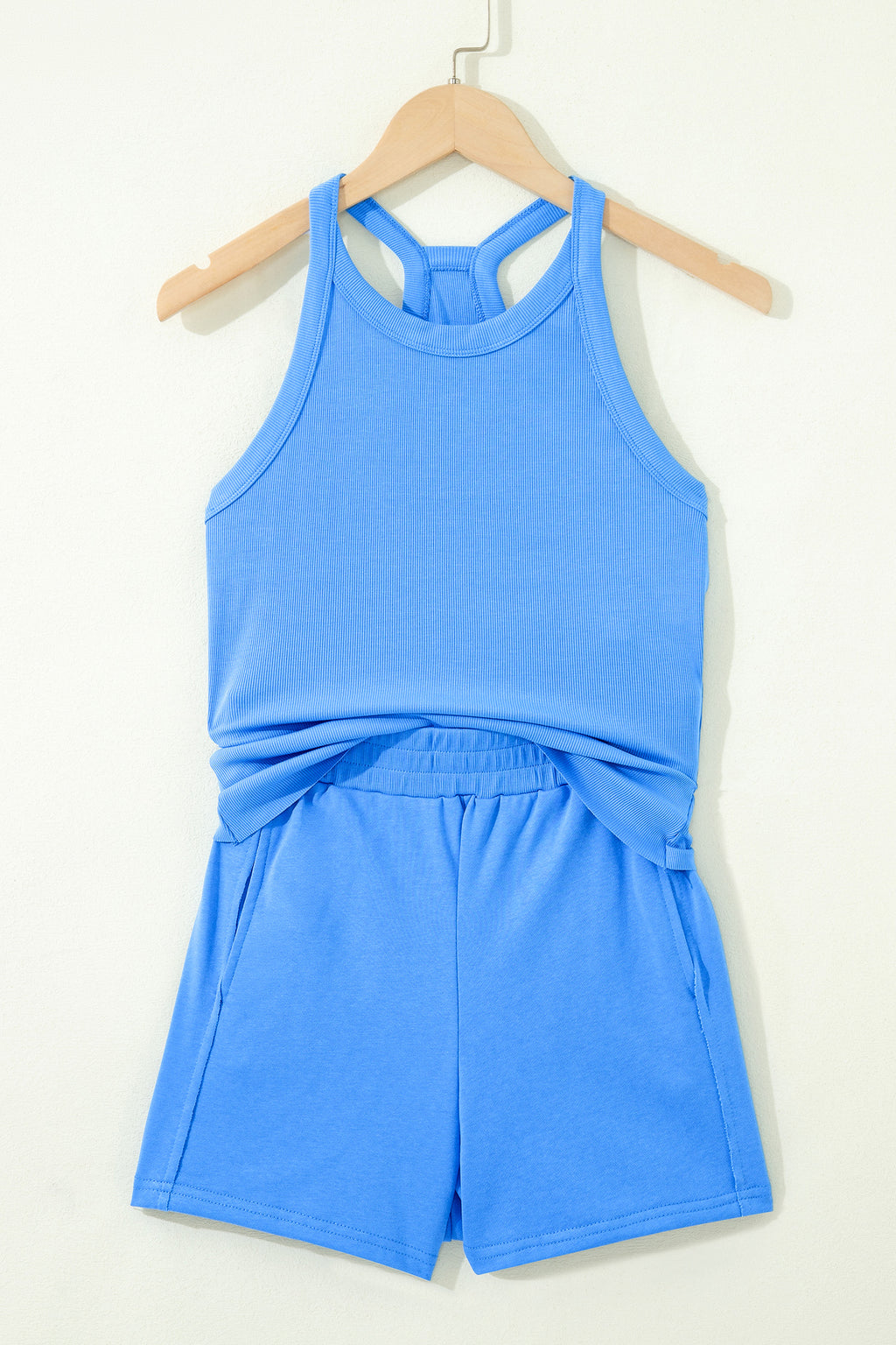Green Slim Tank Top Elastic High Waist Shorts 2pcs Outfit