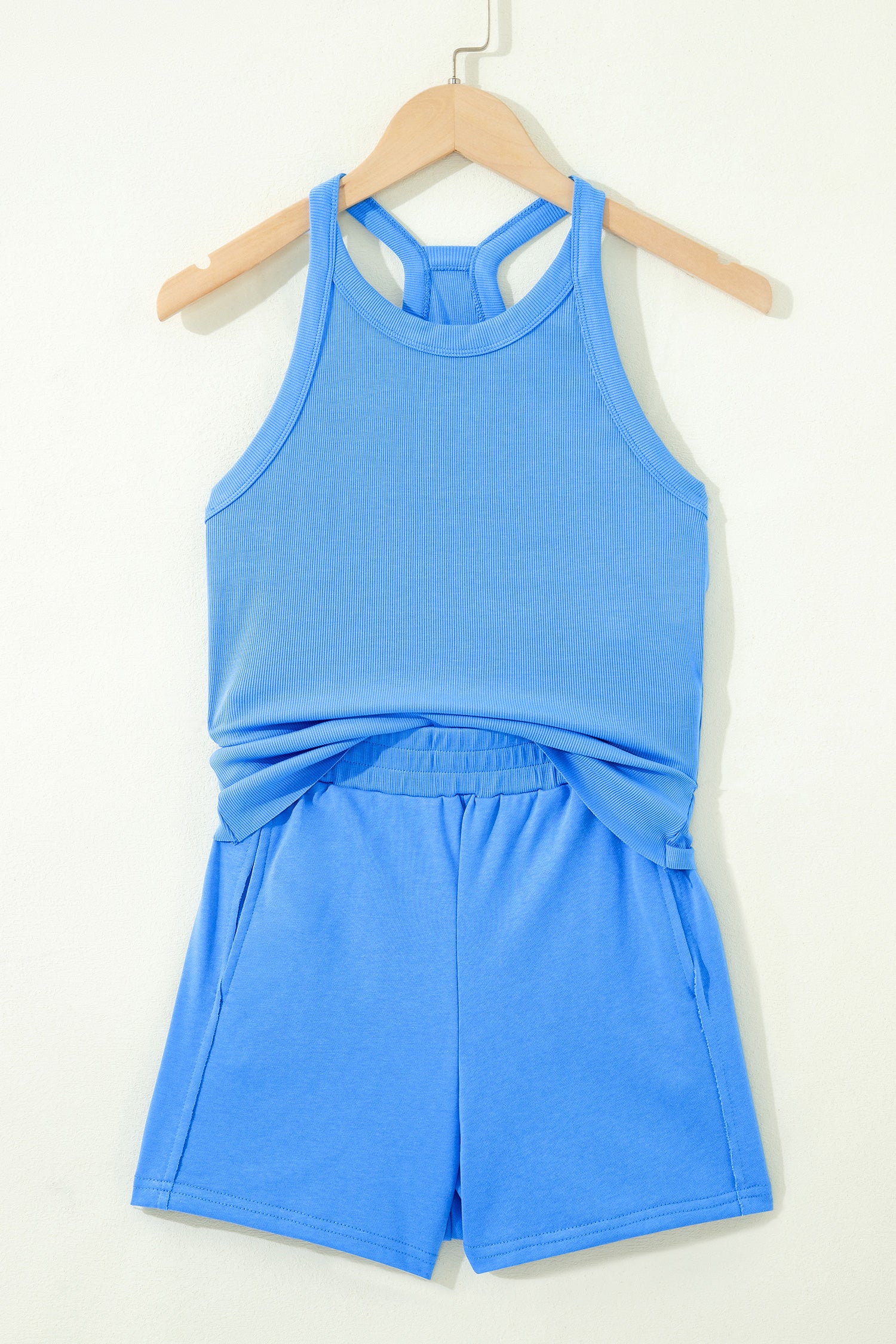 Green Slim Tank Top Elastic High Waist Shorts 2pcs Outfit