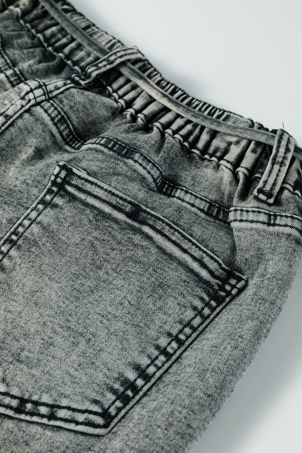 Smoke Gray Acid Wash Barrel Fit Denim Pants with Waist String