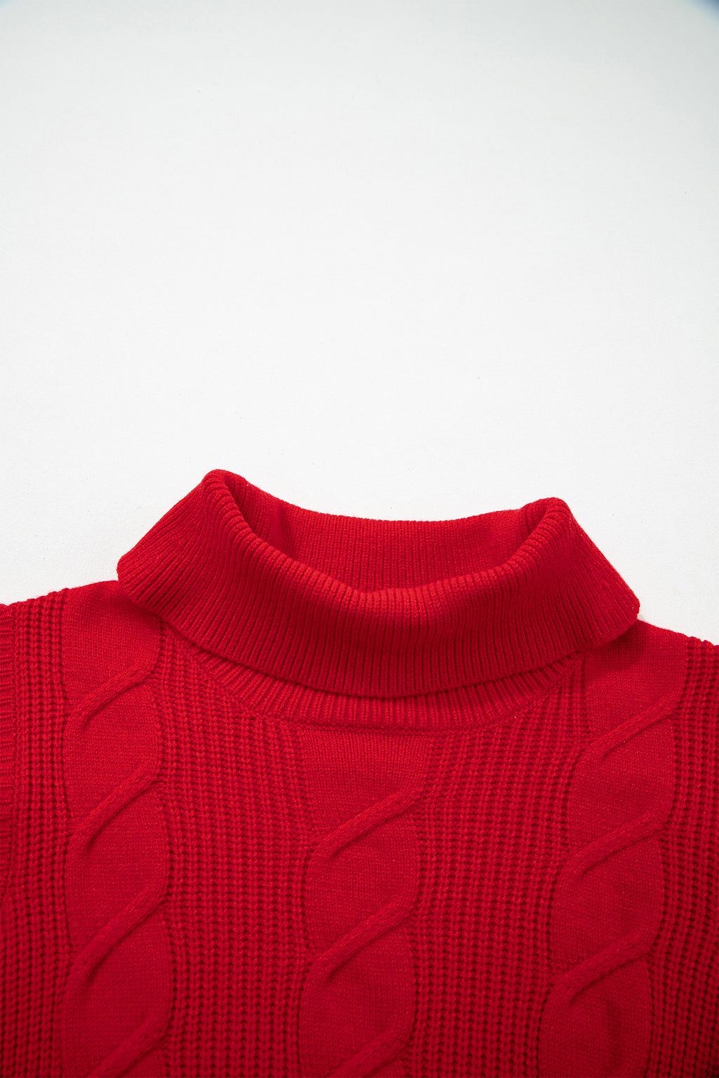 Jet Stream Cable Knit Turtleneck Ruffled Short Sleeve Sweater