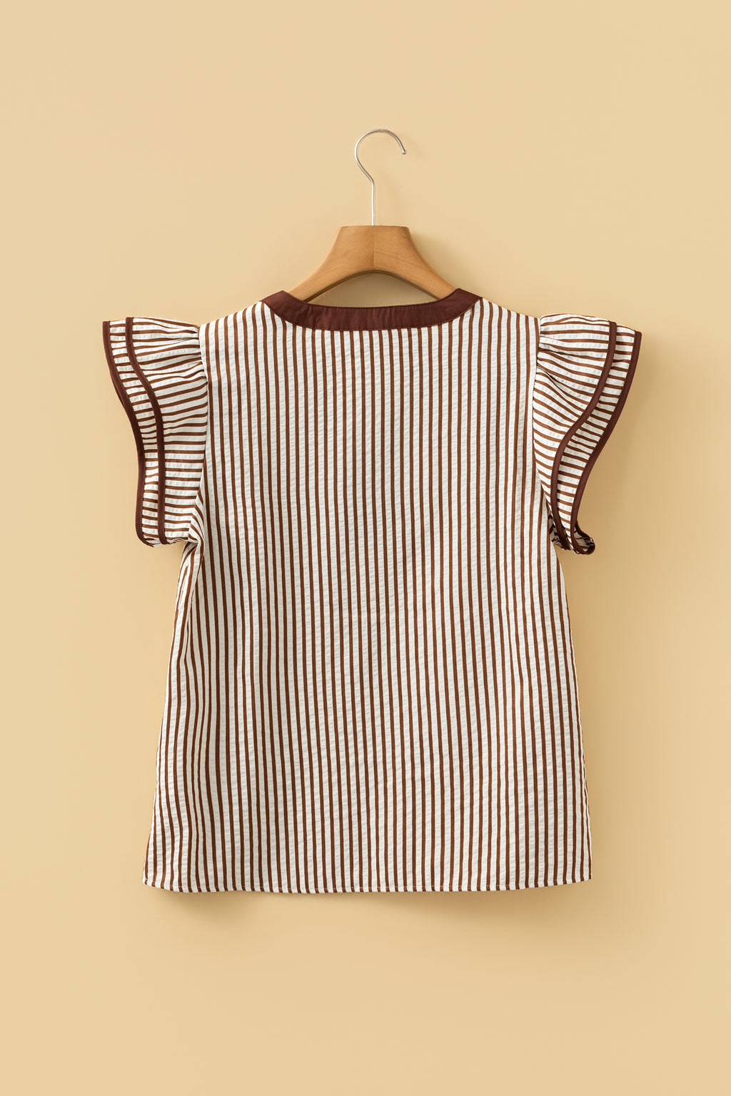 Khaki Stripe Double Ruffled Short Sleeve V Neck Blouse