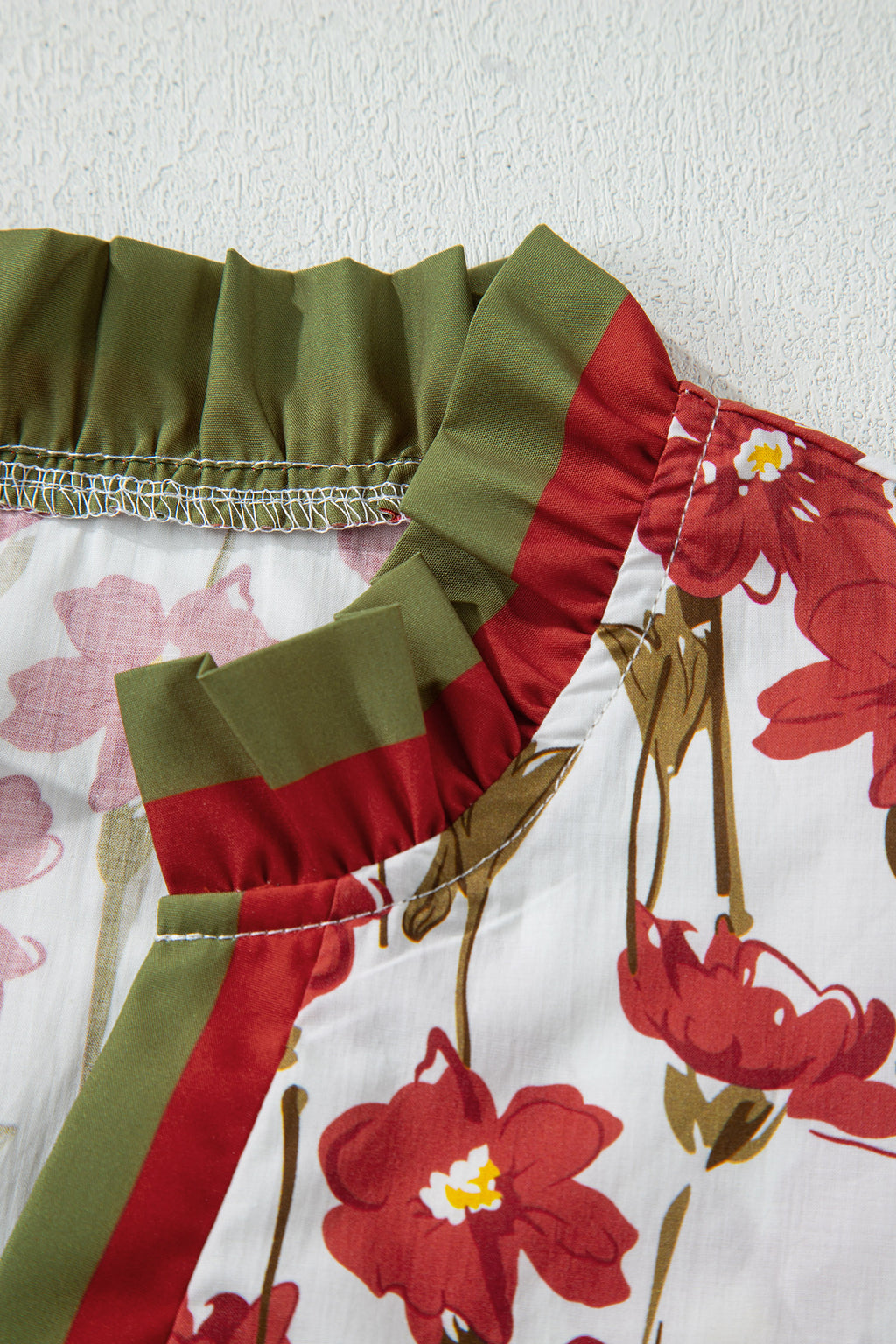 Pink Floral Print Contrast Trim V Neck Double Ruffled Short Sleeve Blouse