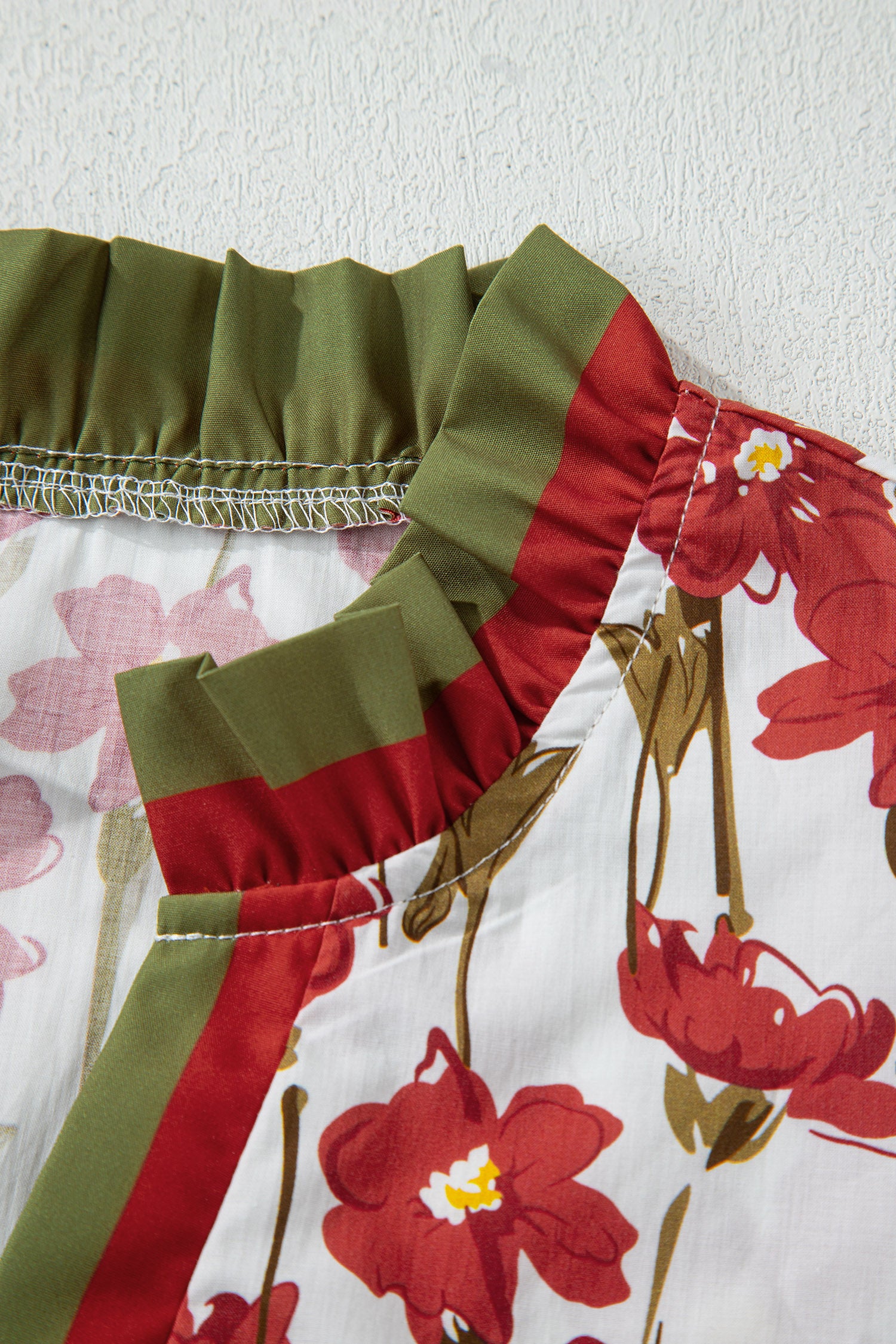 Pink Floral Print Contrast Trim V Neck Double Ruffled Short Sleeve Blouse