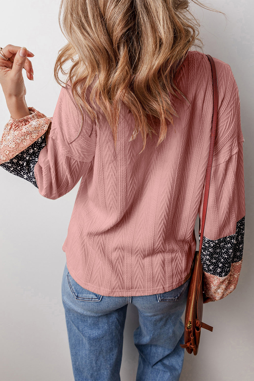 White Floral Patchwork Textured Knit Drawstring V Neck Blouse
