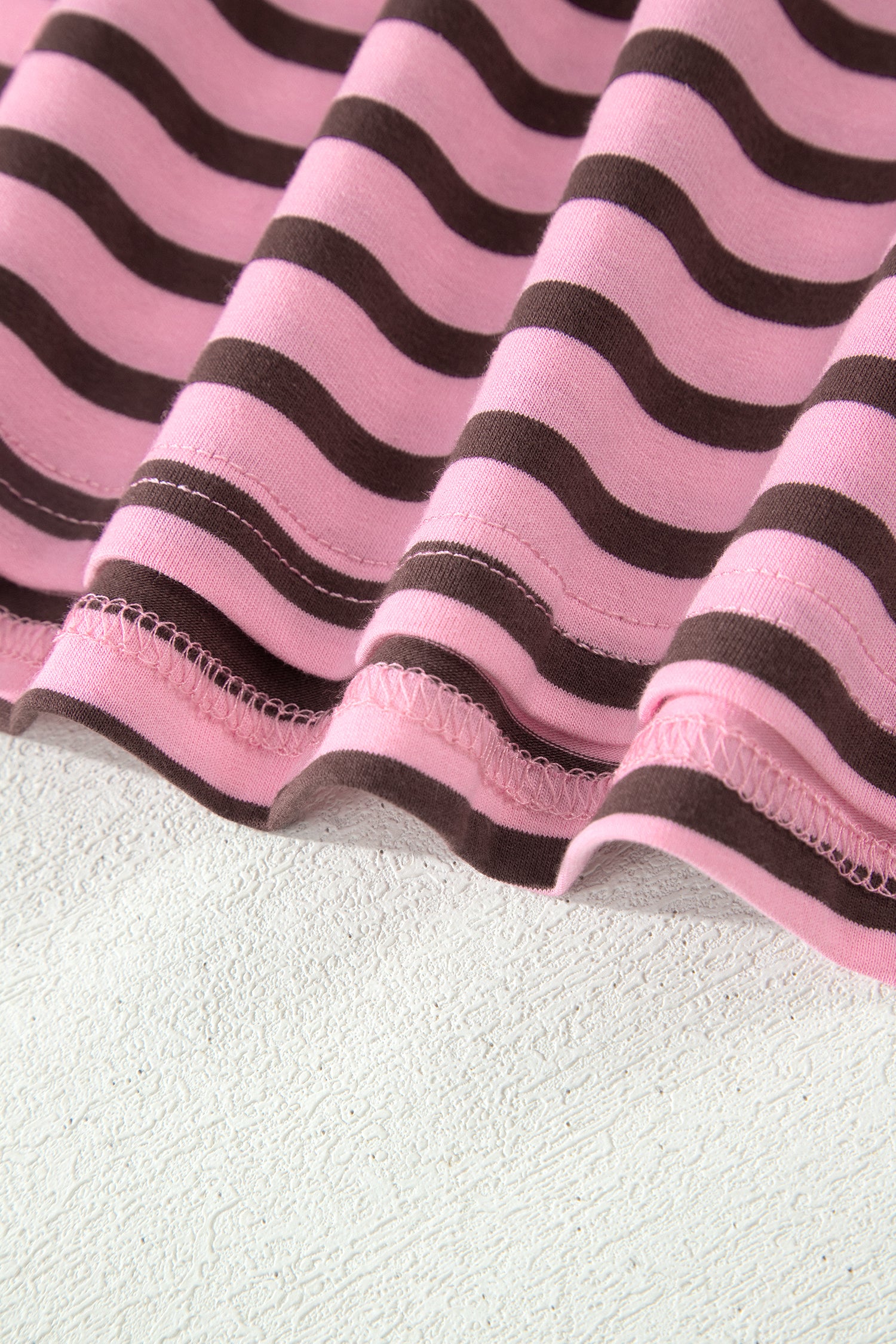 Rose Stripe Striped V-Neck Ribbed Collar Cuff Gathering Puff Sleeve Top