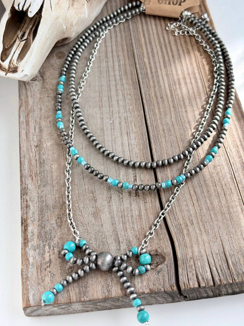 3 Layered Western Coquette Bow Navajo Pearl Choker Necklace