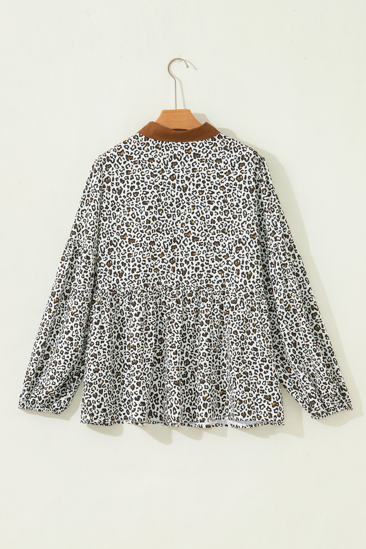 Khaki Plus Size Buttoned Contrast Trim Puff Sleeve Leopard Print Blouse