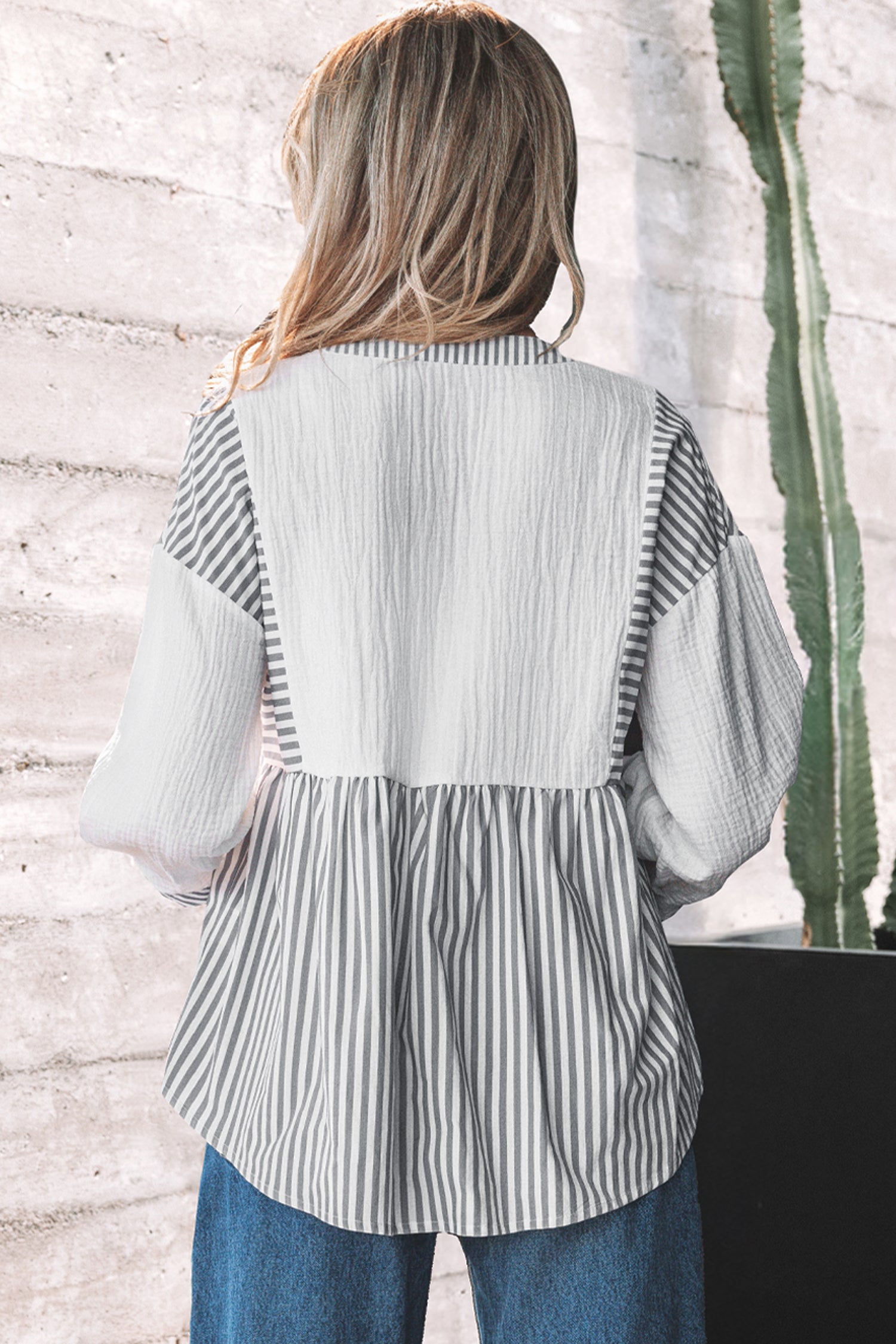 Gray Stripe Half Button Gauze Patchwork Bracelet Sleeve Babydoll Blouse